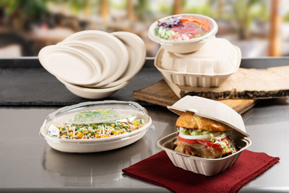 Another trend in packaging for 2023 will be the use of alternative materials like this image of molded fiber plates, bowls, and hinged containers.
